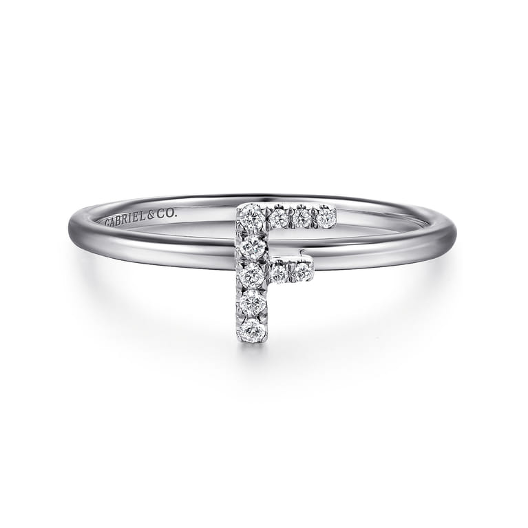 14K White Gold Pave Diamond Uppercase F Initial Ring - 0.05 ct - Shot 1