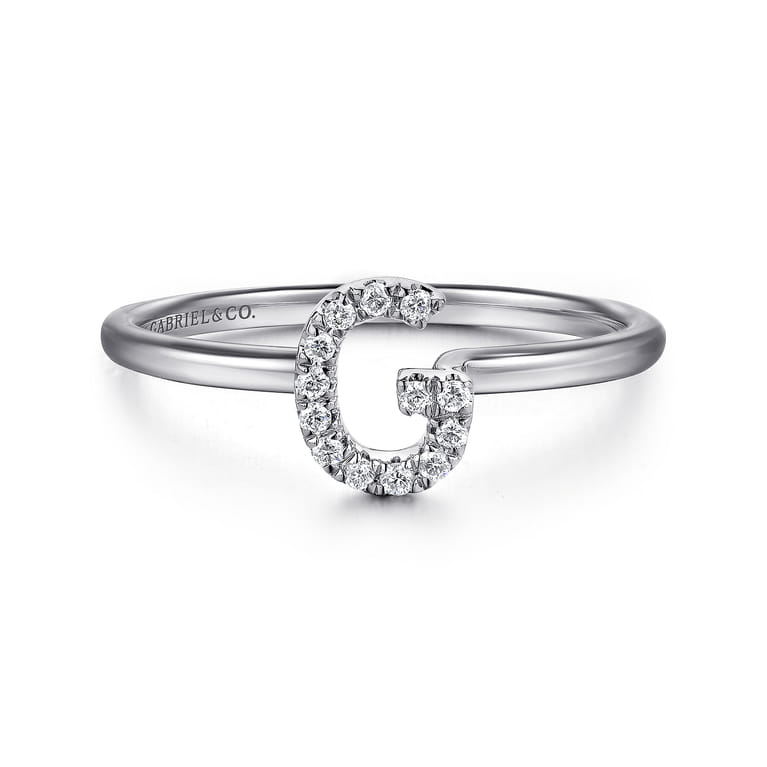 14K White Gold Pave Diamond Uppercase G Initial Ring - 0.07 ct - Shot 1