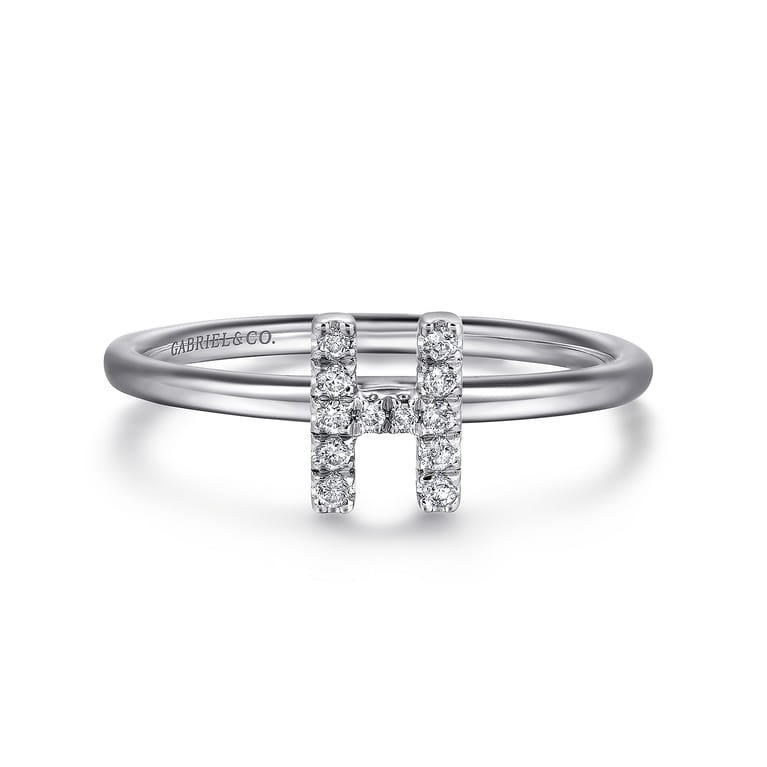 14K White Gold Pave Diamond Uppercase H Initial Ring - 0.07 ct - Shot 1