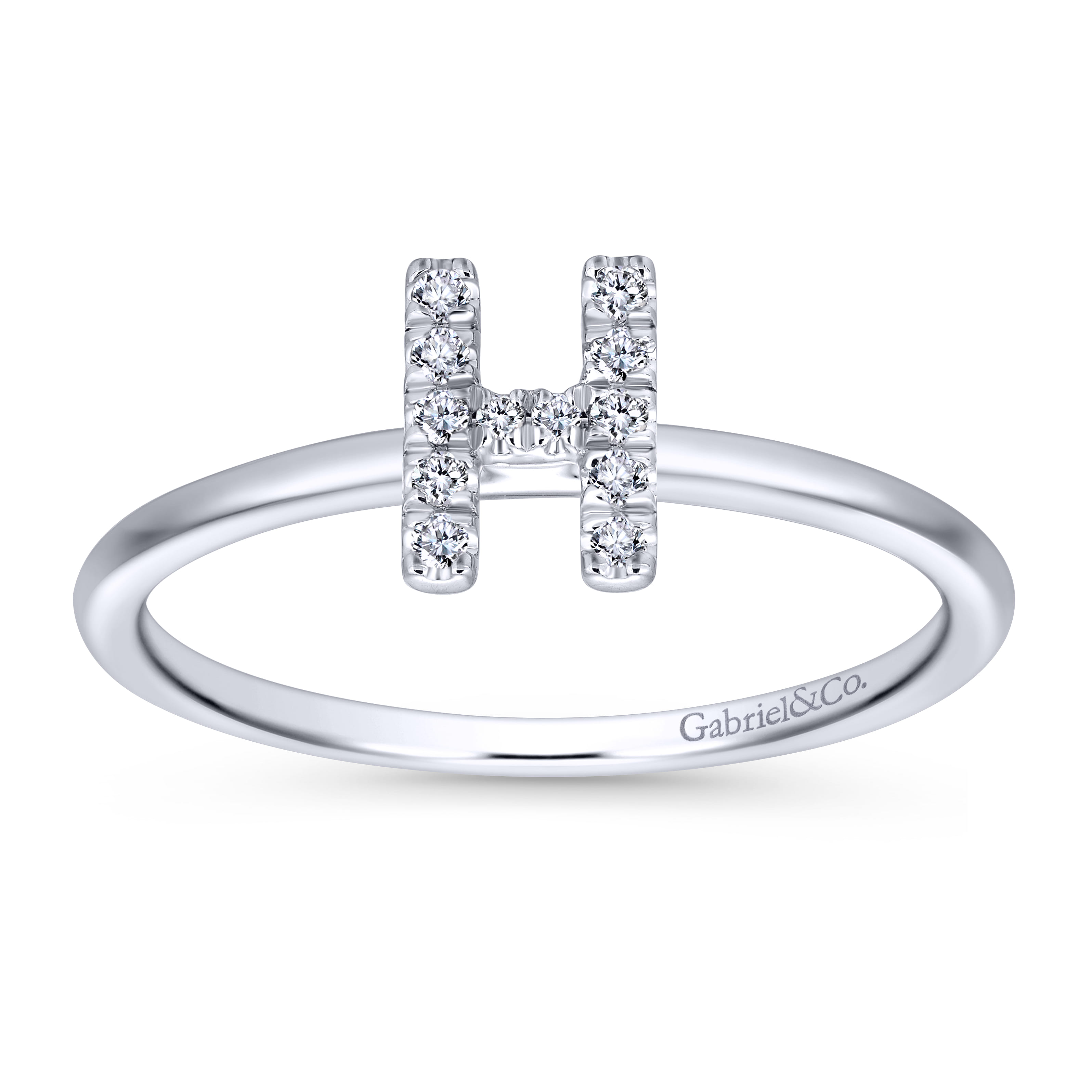 14K White Gold Pave Diamond Uppercase H Initial Ring - 0.07 ct - Shot 4