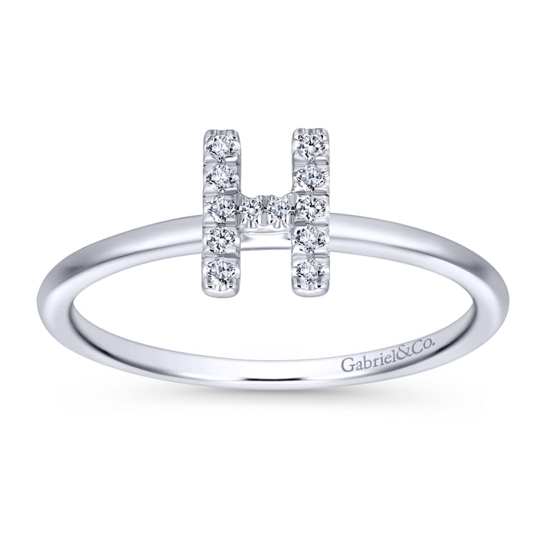 14K White Gold Pave Diamond Uppercase H Initial Ring - 0.07 ct - Shot 4