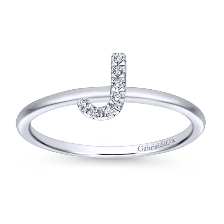 14K White Gold Pave Diamond Uppercase J Initial Ring - 0.04 ct - Shot 4