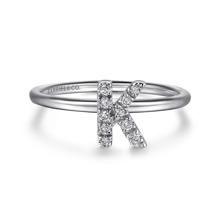 14K White Gold Pave Diamond Uppercase K Initial Ring - 0.05 ct - Shot 1