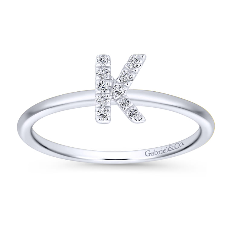 14K White Gold Pave Diamond Uppercase K Initial Ring - 0.05 ct - Shot 4