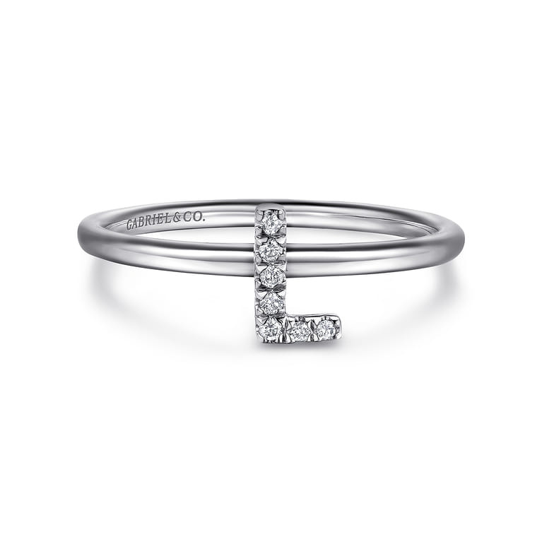 14K White Gold Pave Diamond Uppercase L Initial Ring - 0.04 ct - Shot 1