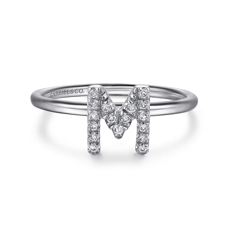 14K White Gold Pave Diamond Uppercase M Initial Ring - 0.07 ct - Shot 1