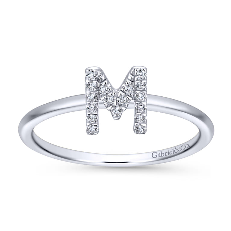 14K White Gold Pave Diamond Uppercase M Initial Ring - 0.07 ct - Shot 4