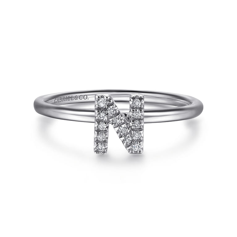 14K White Gold Pave Diamond Uppercase N Initial Ring - 0.06 ct - Shot 1