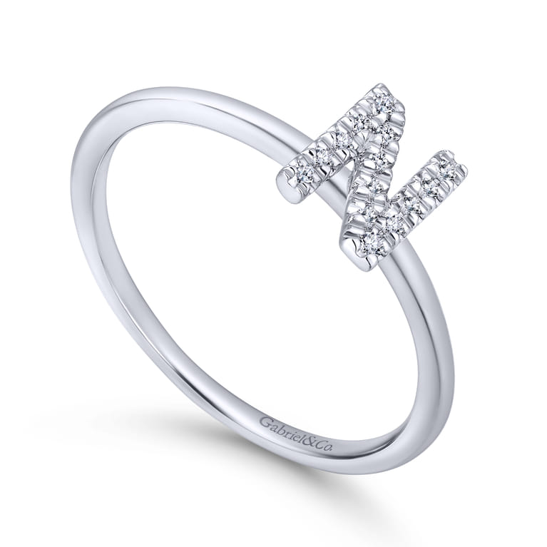 14K White Gold Pave Diamond Uppercase N Initial Ring - 0.06 ct - Shot 3