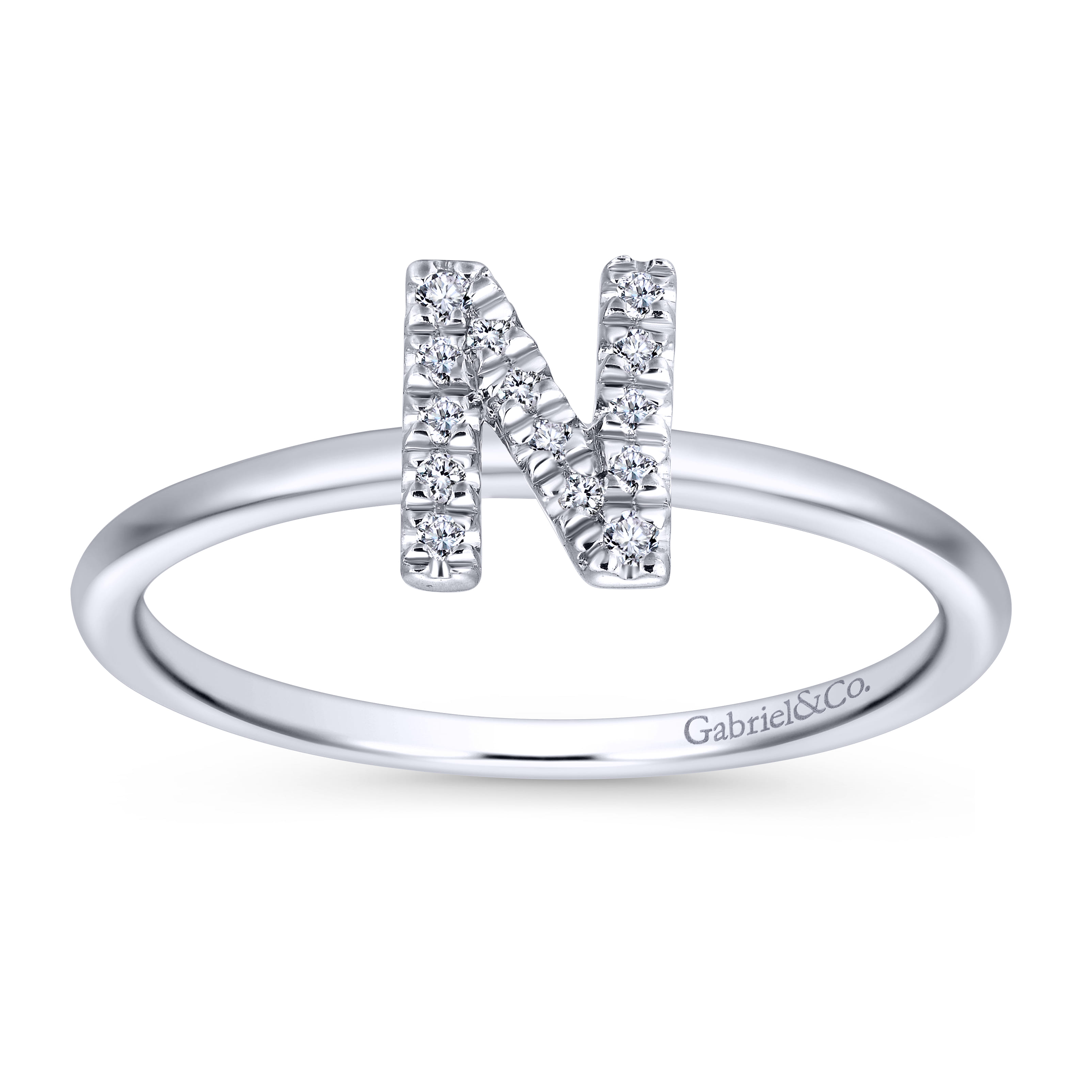14K White Gold Pave Diamond Uppercase N Initial Ring - 0.06 ct - Shot 4