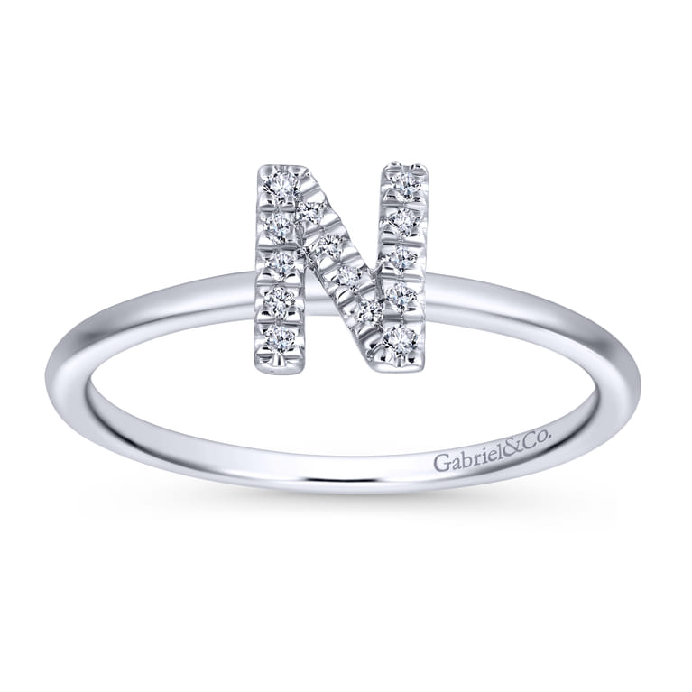 14K White Gold Pave Diamond Uppercase N Initial Ring - 0.06 ct - Shot 4