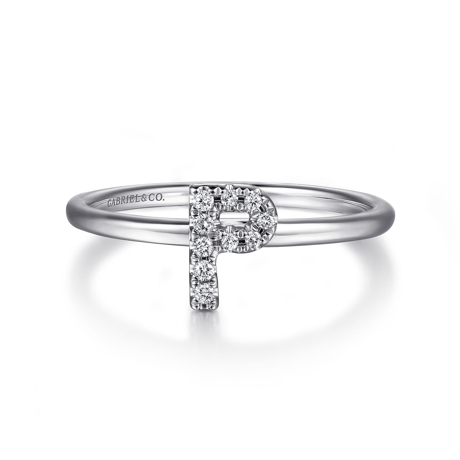 14K White Gold Pave Diamond Uppercase P Initial Ring - 0.05 ct - Shot 1