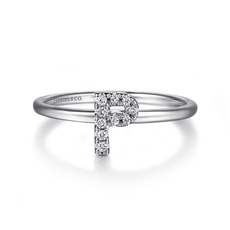 14K White Gold Pave Diamond Uppercase P Initial Ring - 0.05 ct - Shot 1