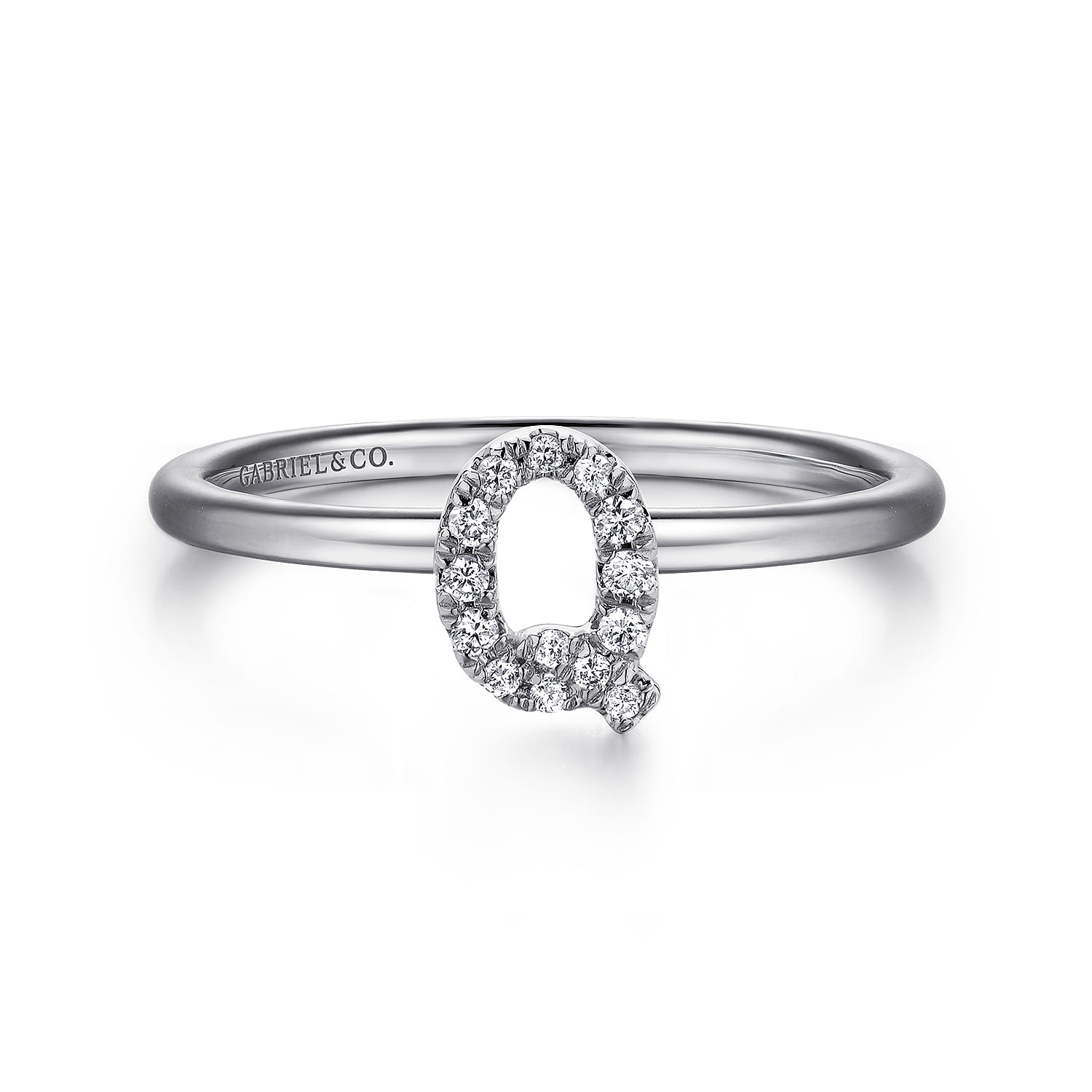 14K White Gold Pave Diamond Uppercase Q Initial Ring - 0.07 ct - Shot 1