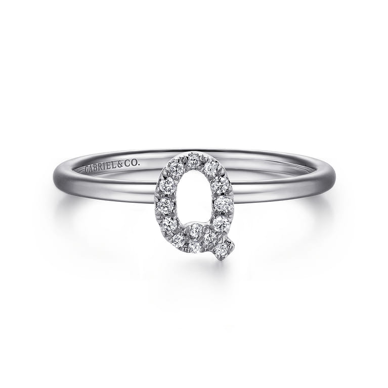 14K White Gold Pave Diamond Uppercase Q Initial Ring - 0.07 ct - Shot 1