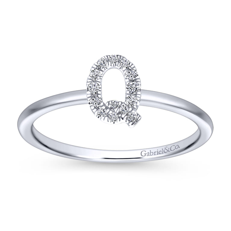 14K White Gold Pave Diamond Uppercase Q Initial Ring - 0.07 ct - Shot 4