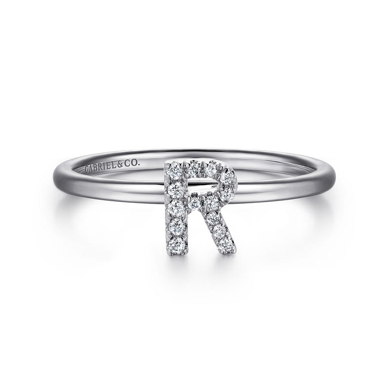 14K White Gold Pave Diamond Uppercase R Initial Ring - 0.06 ct - Shot 1