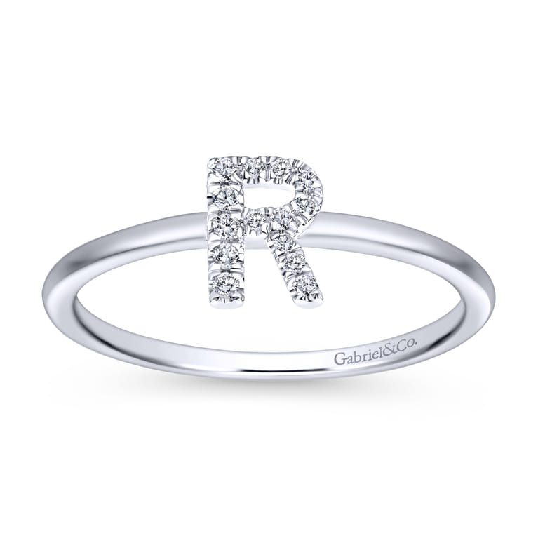 14K White Gold Pave Diamond Uppercase R Initial Ring - 0.06 ct - Shot 4