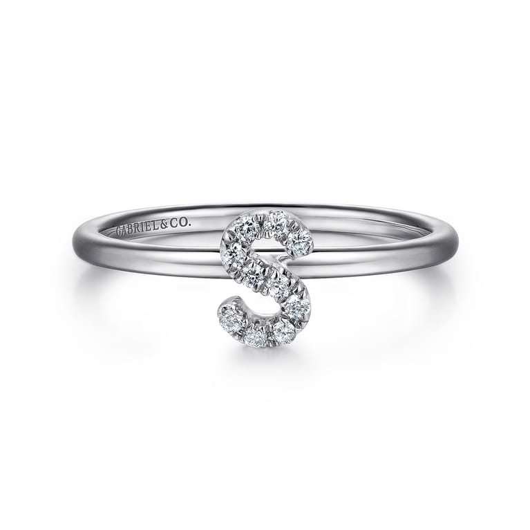 14K White Gold Pave Diamond Uppercase S Initial Ring - 0.07 ct - Shot 1