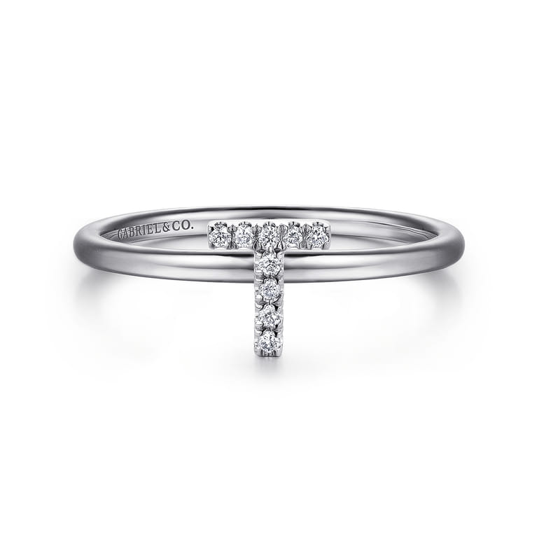 14K White Gold Pave Diamond Uppercase T Initial Ring - 0.05 ct - Shot 1