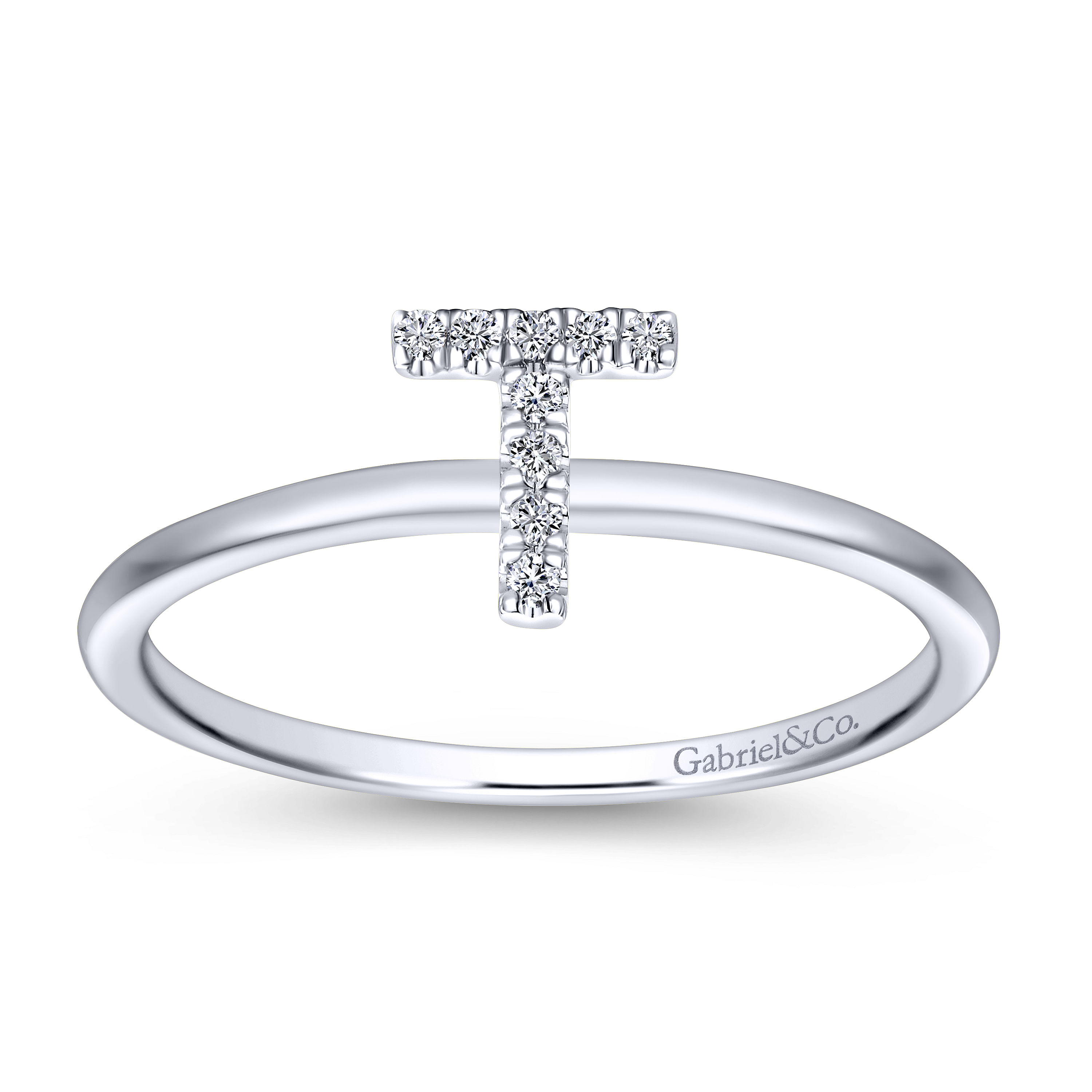 14K White Gold Pave Diamond Uppercase T Initial Ring - 0.05 ct - Shot 4