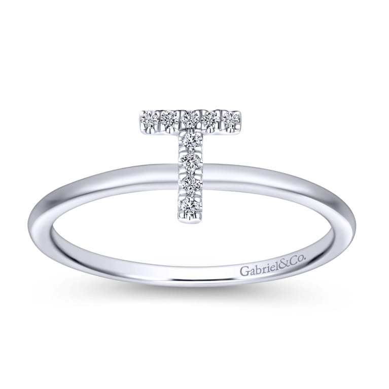 14K White Gold Pave Diamond Uppercase T Initial Ring - 0.05 ct - Shot 4