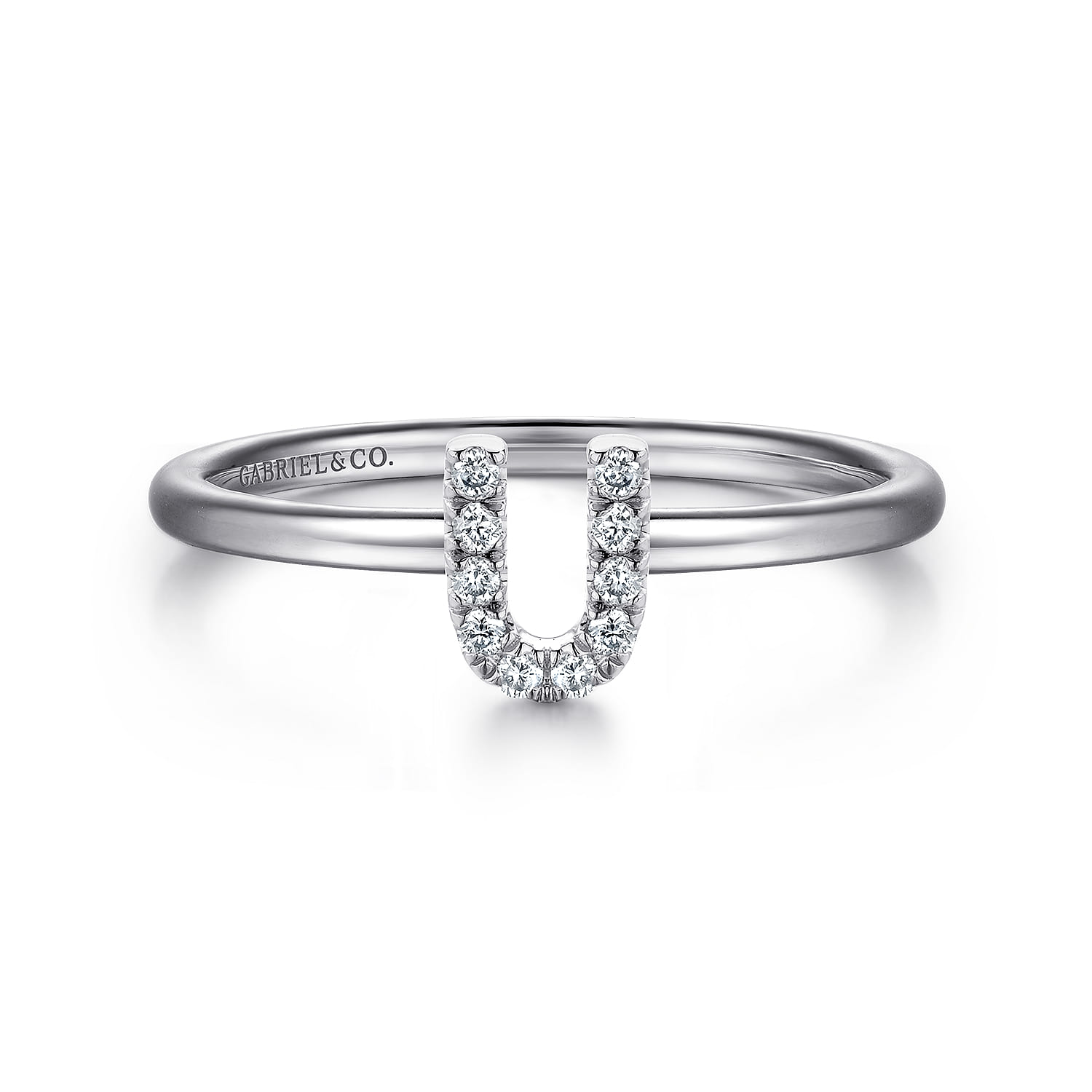 14K White Gold Pave Diamond Uppercase U Initial Ring - 0.06 ct - Shot 1
