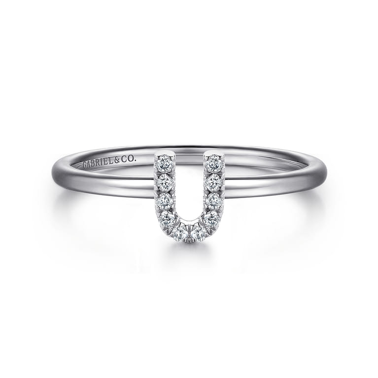 14K White Gold Pave Diamond Uppercase U Initial Ring - 0.06 ct - Shot 1
