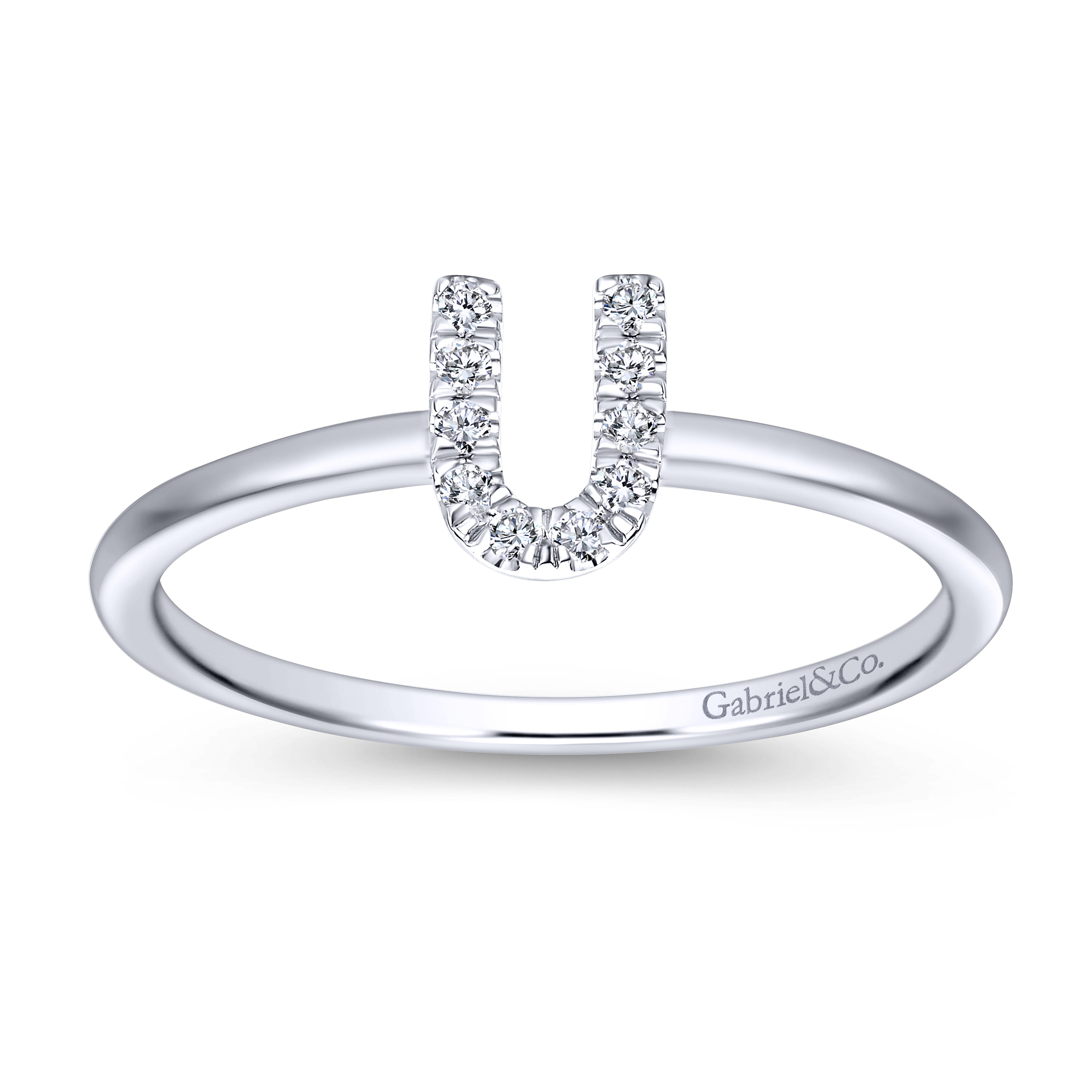 14K White Gold Pave Diamond Uppercase U Initial Ring - 0.06 ct - Shot 4
