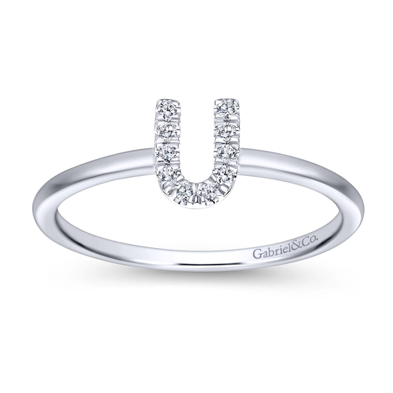 14K White Gold Pave Diamond Uppercase U Initial Ring - 0.06 ct - Shot 4