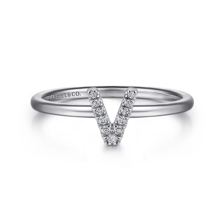 14K White Gold Pave Diamond Uppercase V Initial Ring - 0.05 ct - Shot 1