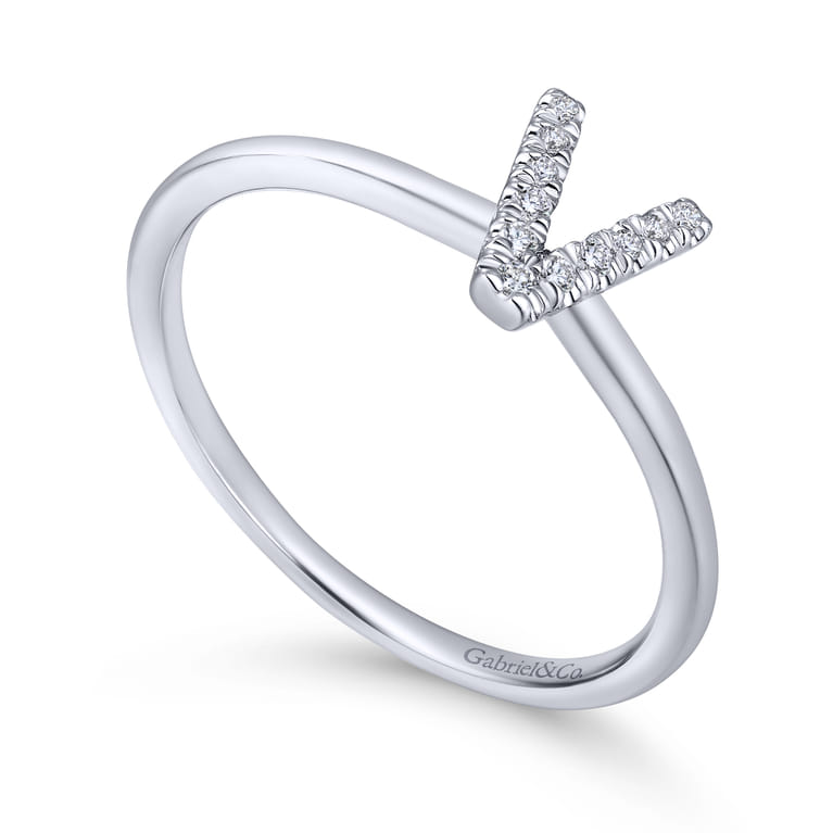14K White Gold Pave Diamond Uppercase V Initial Ring - 0.05 ct - Shot 3