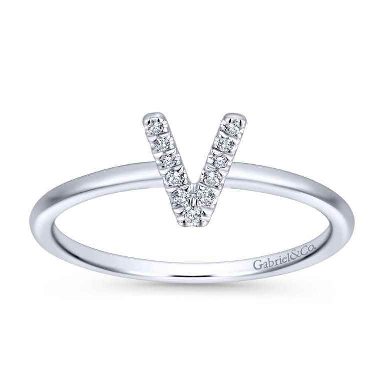 14K White Gold Pave Diamond Uppercase V Initial Ring - 0.05 ct - Shot 4