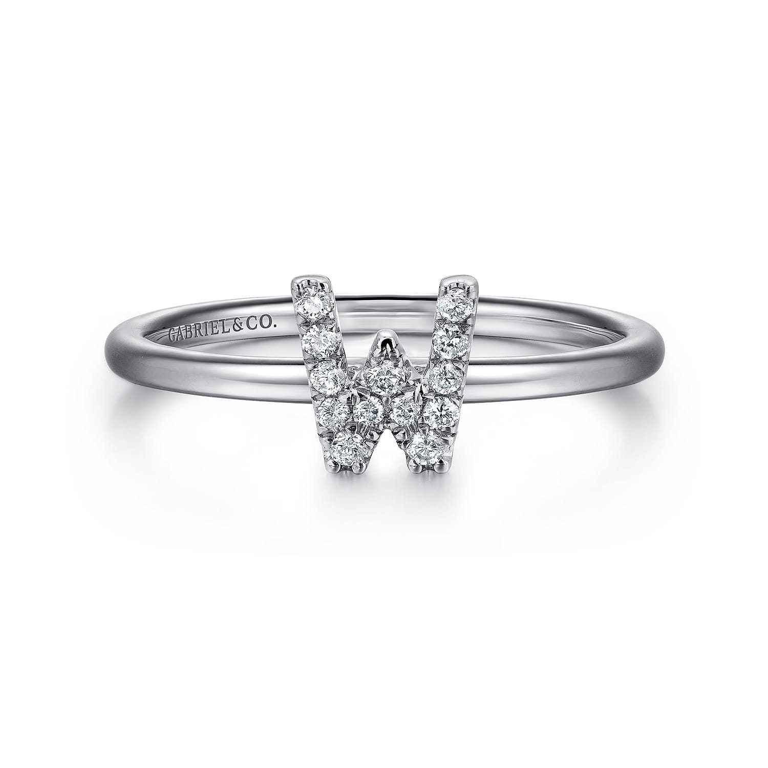 14K White Gold Pave Diamond Uppercase W Initial Ring - 0.08 ct - Shot 1