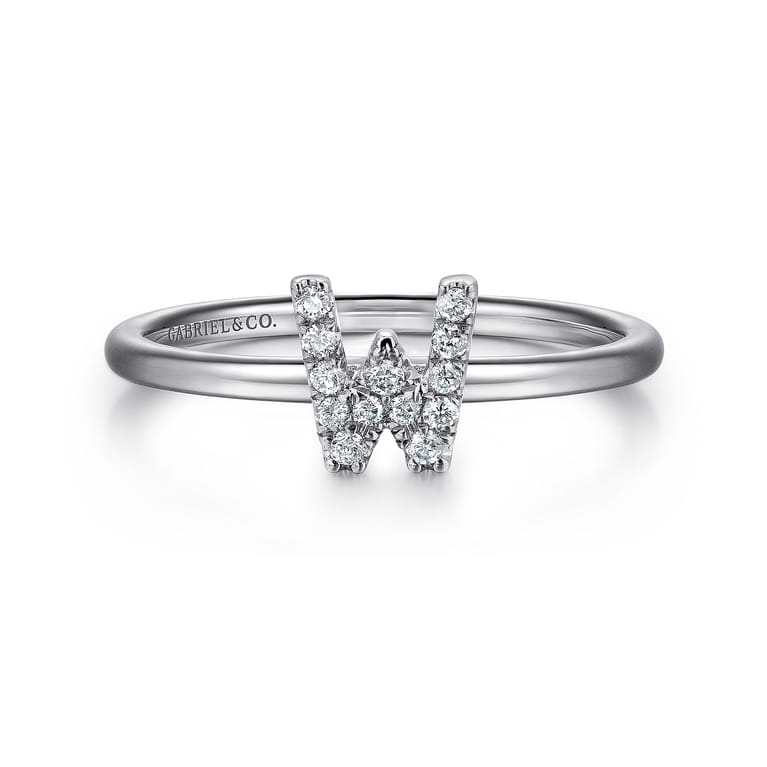 14K White Gold Pave Diamond Uppercase W Initial Ring - 0.08 ct - Shot 1