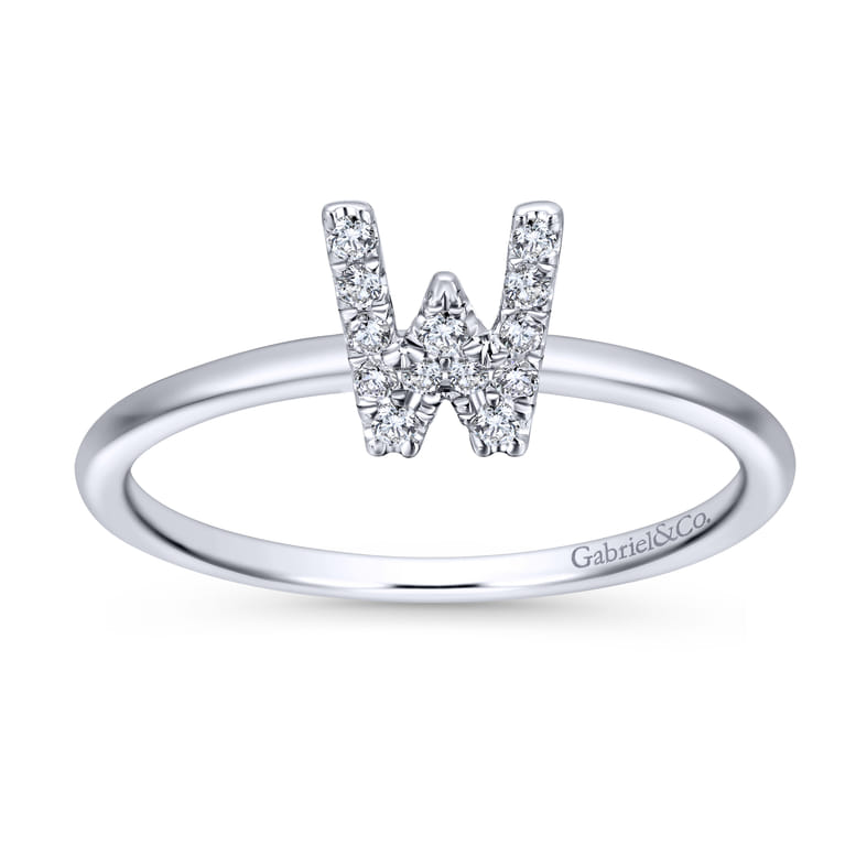14K White Gold Pave Diamond Uppercase W Initial Ring - 0.08 ct - Shot 4