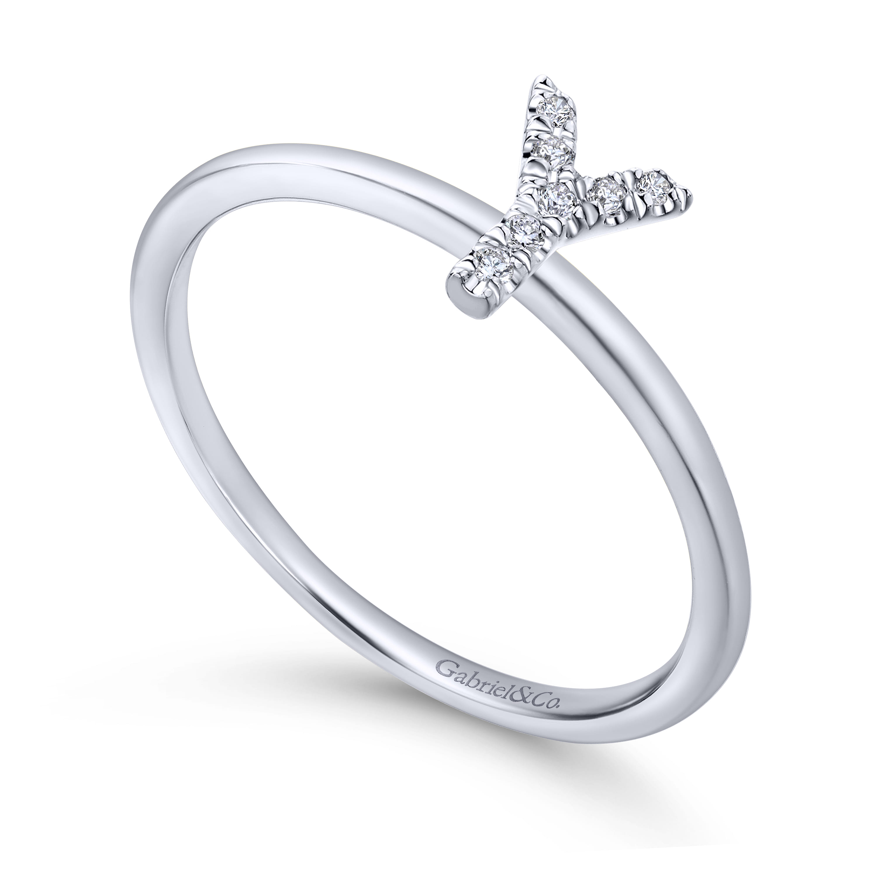 14K White Gold Pave Diamond Uppercase Y Initial Ring - 0.04 ct - Shot 3