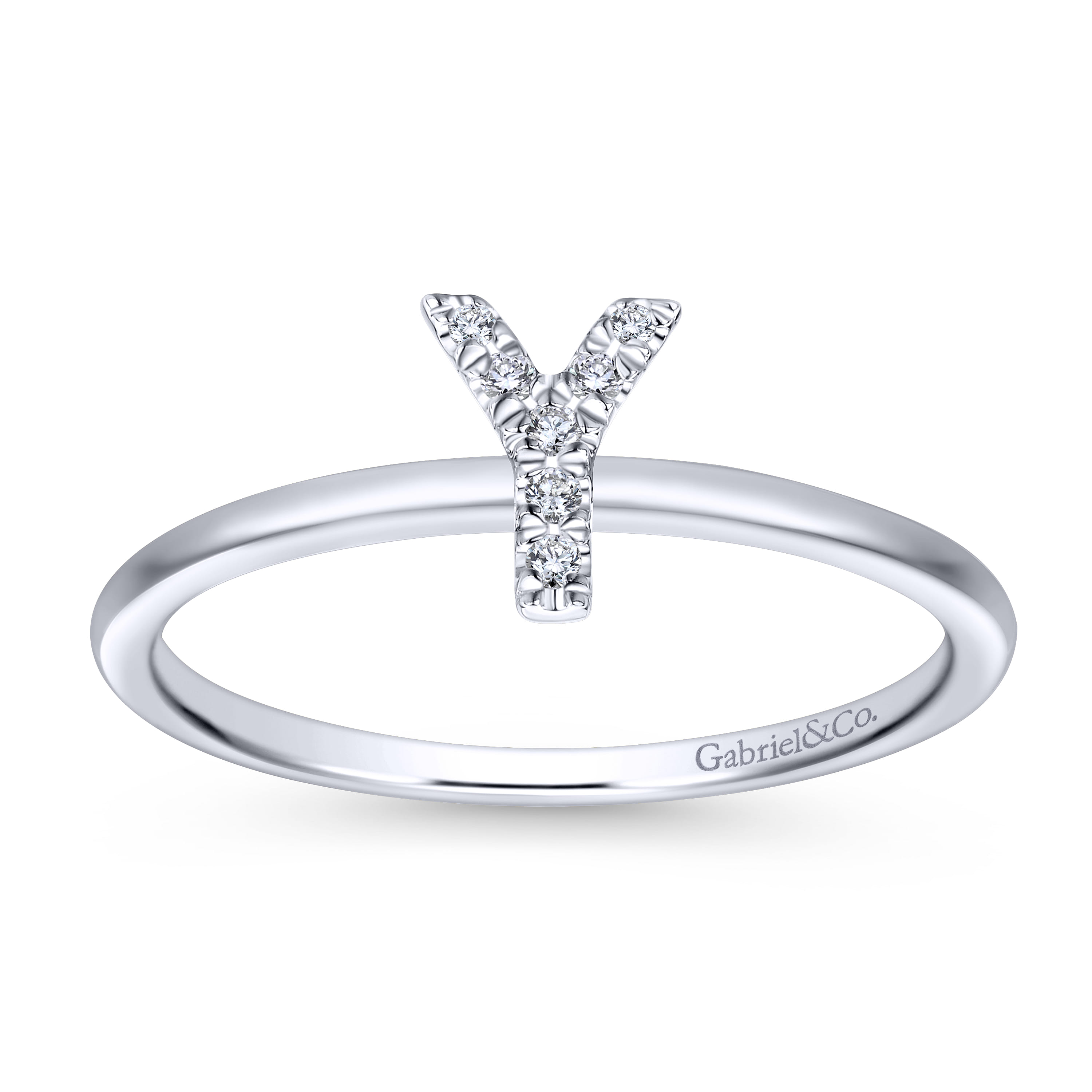 14K White Gold Pave Diamond Uppercase Y Initial Ring - 0.04 ct - Shot 4
