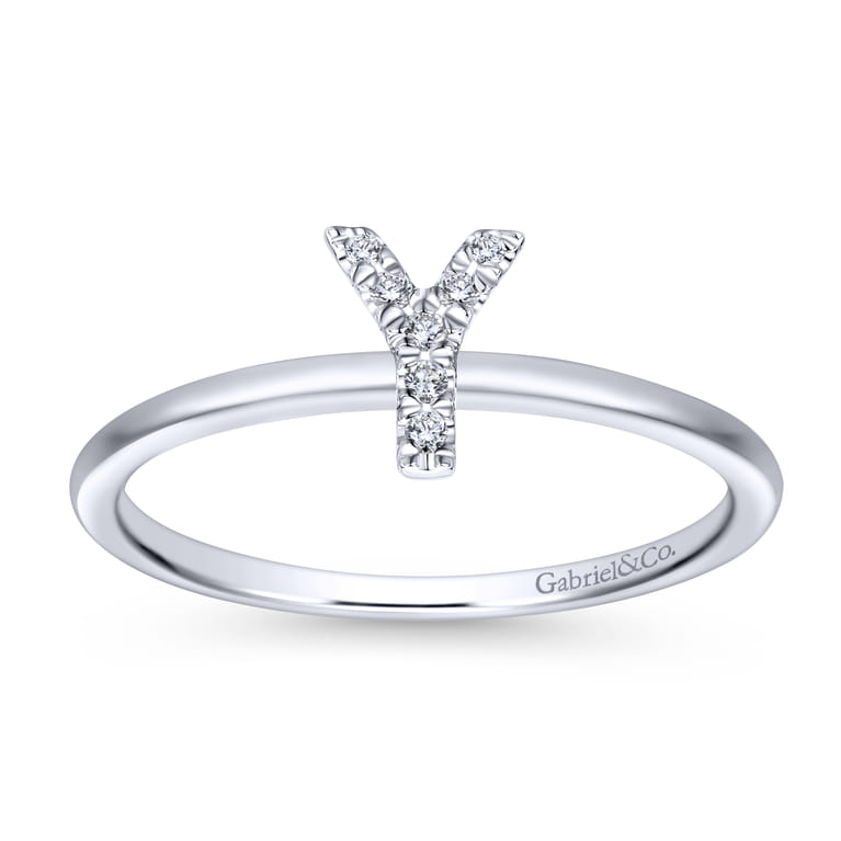 14K White Gold Pave Diamond Uppercase Y Initial Ring - 0.04 ct - Shot 4