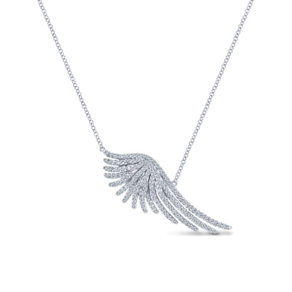 14K White Gold Pave Diamond Wing Pendant Necklace