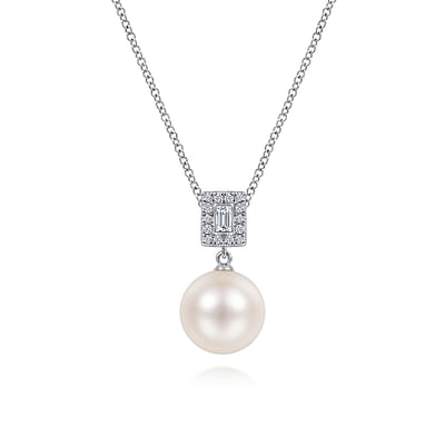 14K White Gold Pave Diamond and Pearl Pendant Necklace
