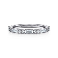 14K White Gold Pave Round and Baguette Diamond Anniversary Band