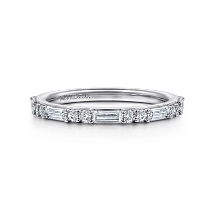 14K White Gold Pave Round and Baguette Diamond Anniversary Band