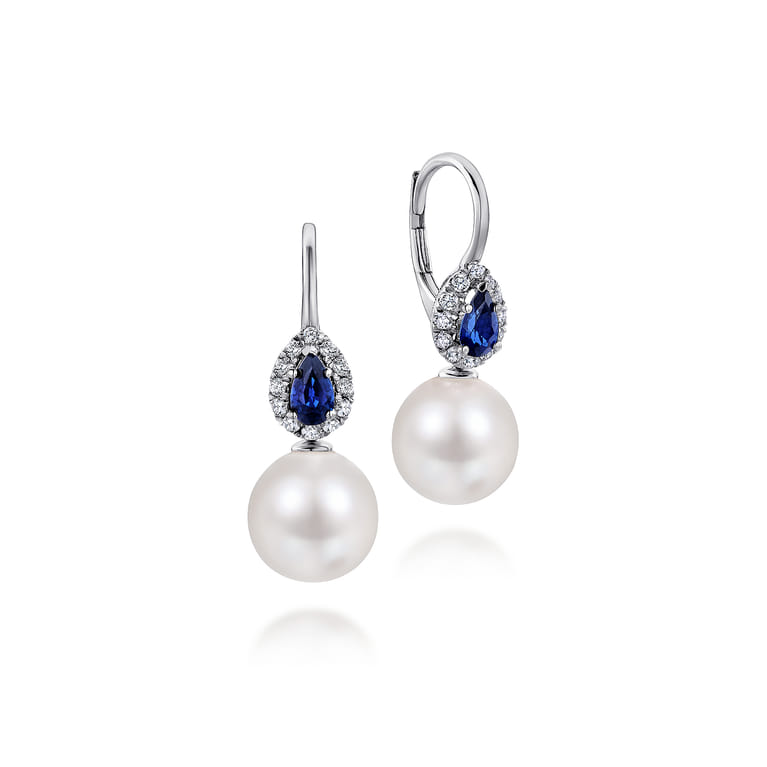 14K White Gold Pear Sapphire and Diamond Halo Earrings with Pearl Drops - 0.2 ct - Shot 1