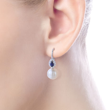 14K White Gold Pear Sapphire and Diamond Halo Earrings with Pearl Drops