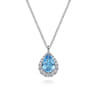 14K White Gold Pear Shape Blue Topaz and Diamond Halo Pendant Necklace - 0.21 ct