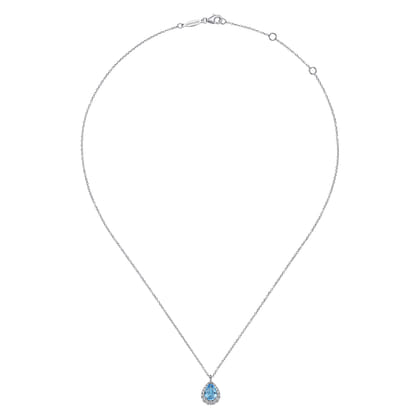 14K White Gold Pear Shape Blue Topaz and Diamond Halo Pendant Necklace