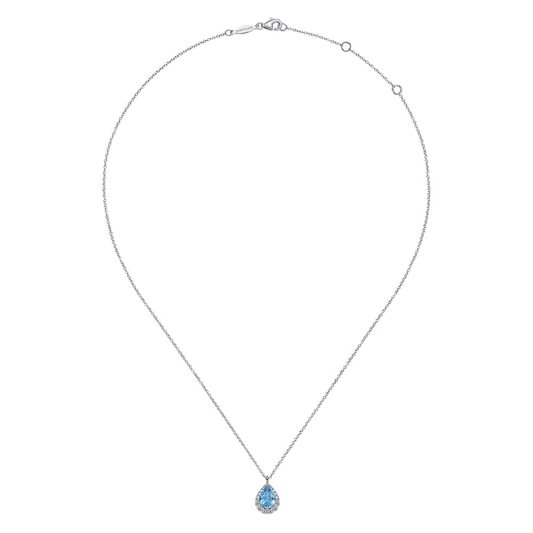 14K White Gold Pear Shape Blue Topaz and Diamond Halo Pendant Necklace - 0.21 ct - Shot 2