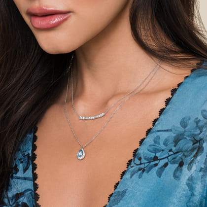 14K White Gold Pear Shape Blue Topaz and Diamond Halo Pendant Necklace