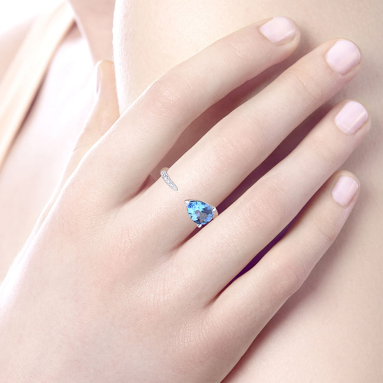14K White Gold Pear Shape Blue Topaz and Diamond Split Ring